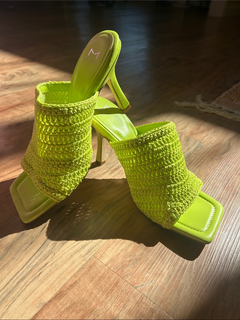 Malone Souliers Neon Lime Crochet Mule Heels